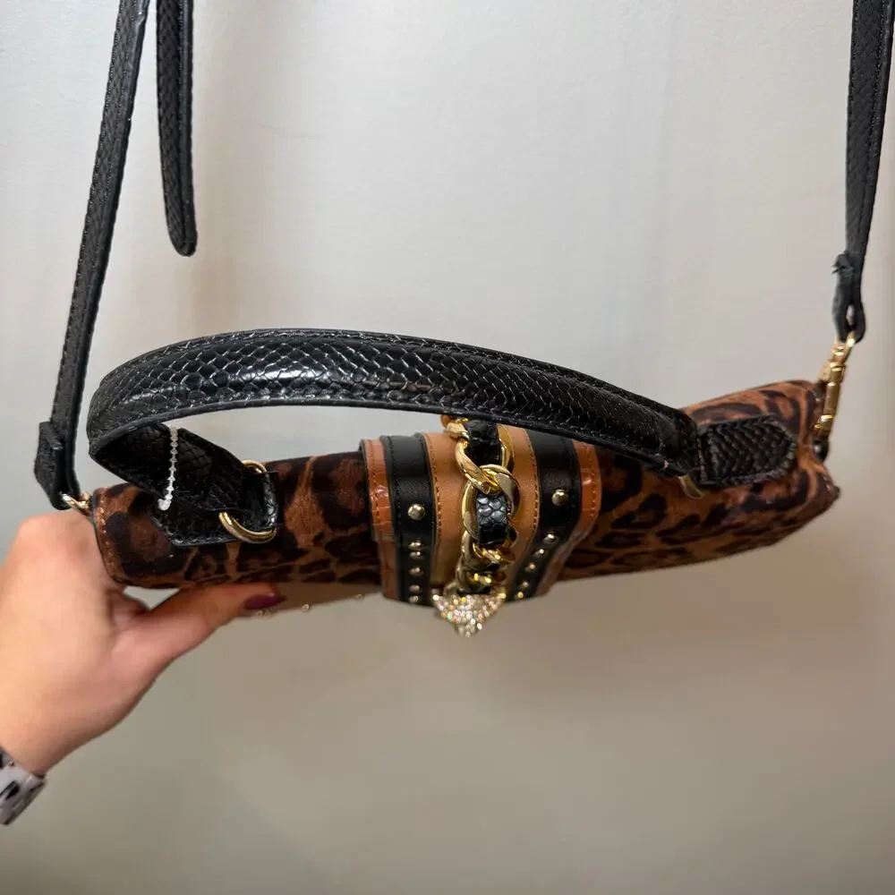 Aldo Baro Top Handle Bag Crossbody Purse Jeweled Cat Cheetah Print